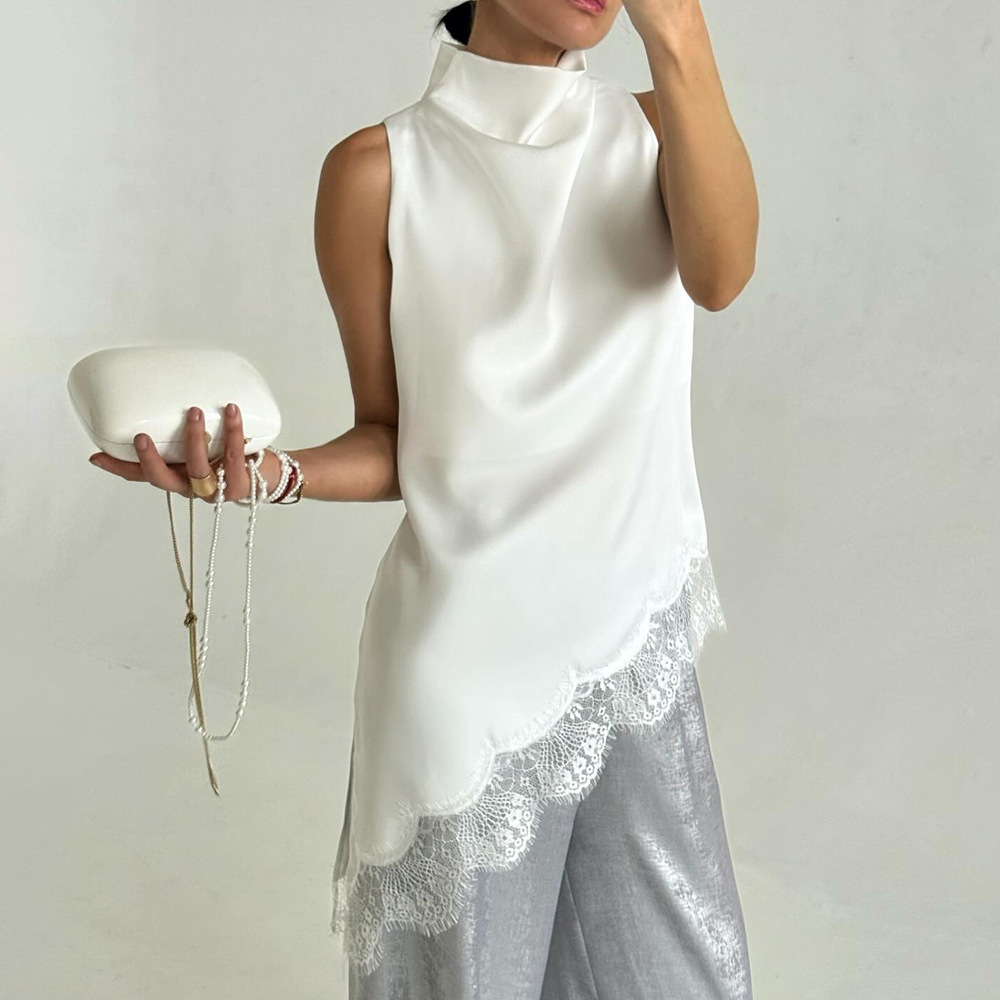 Ärmelloses Damen-Top mit Rollkragen, Spitzenbesatz, Satin, asymmetrischer Schnitt, Sommermode_voghion.com