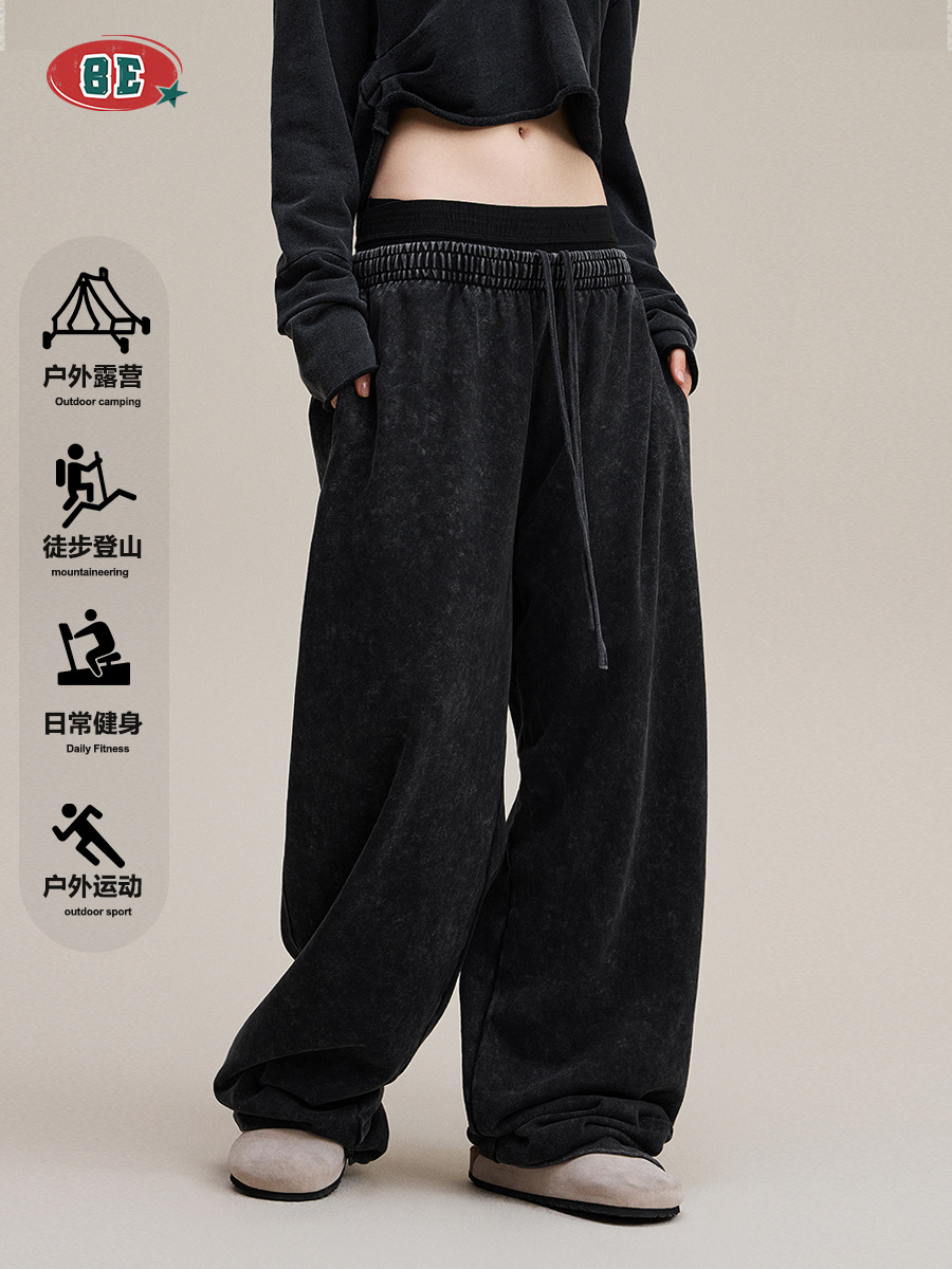 Be mujer ropa| 2025 otoño Europa y América marca de moda estilo retro hacer viejos pantalones casuales de doble cintura delgados pantalones rectos para mujeres image 4