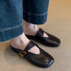 シープスキンバージョン~フレンチトゥハーフスリッパ、フラット夏アウター、スクエアトゥ、万能サンダル、本革サンダル