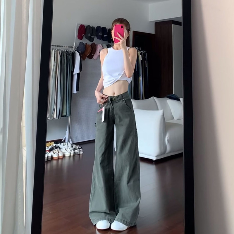 American Retro Military Green Cargo Jeans for Women, Autumn Low-Waist Slimming Design Straight Wide-Leg Floor-Length Pants