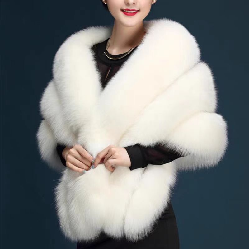 11-Winter Bride Fox Fur Shawl Wedding Dress Cape Dress Cheongsam Fur Cloak Coat White Women's Thick Plus Size