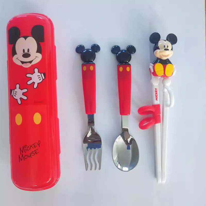 Disney Children's Training Chopsticks, Spoon, Box, and Fork Four-Piece Set, Assembled 304 Stainless Steel Learning Chopsticks and Cutlery