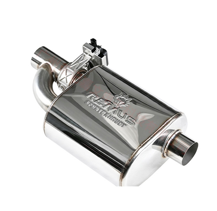 Car exhaust pipe modification with REMUS wolf logo, electric single inlet single outlet valve, upgraded variable sound for sports car
