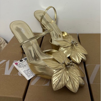 Za2025 Summer New Fashion Women's Shoes with Metal-Plated Flower Pointed Toe Stiletto Heels and Open-Back Sandals Are Versatile
