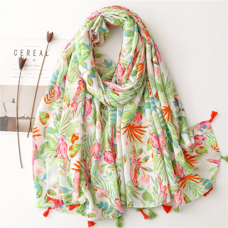 spring summer elegant aristocratic elegant printed retro qipao chinese dress  shawl green flowers birds cotton and linen scarf scarves shawls women