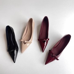 シープスキンバージョン〜スカート付きフレンチスタイルリボン付きポインテッドトゥインナー高さメリージェーンシューズ女性用浅口ウェッジシューズ