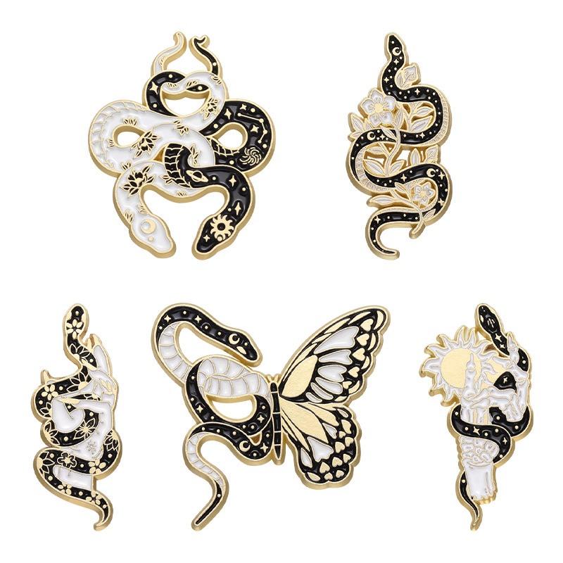 Dark style creative animal brooch metal badge butterfly black and white small snake totem returning to work metal clothing accessories