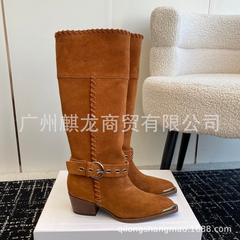 高端2025秋冬磨砂牛皮尖头复古粗跟皮带扣高筒骑士靴不过膝长靴女|undefined