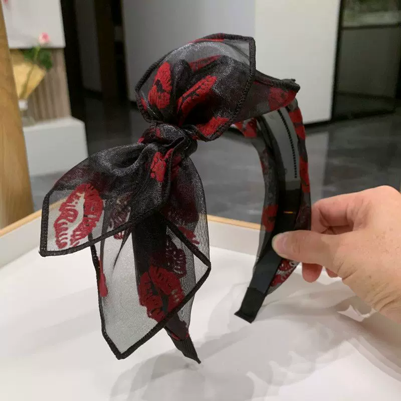 夏天嘴唇网纱头箍蝴蝶结发箍带齿防滑洋气发夹上档次宽边发卡成人