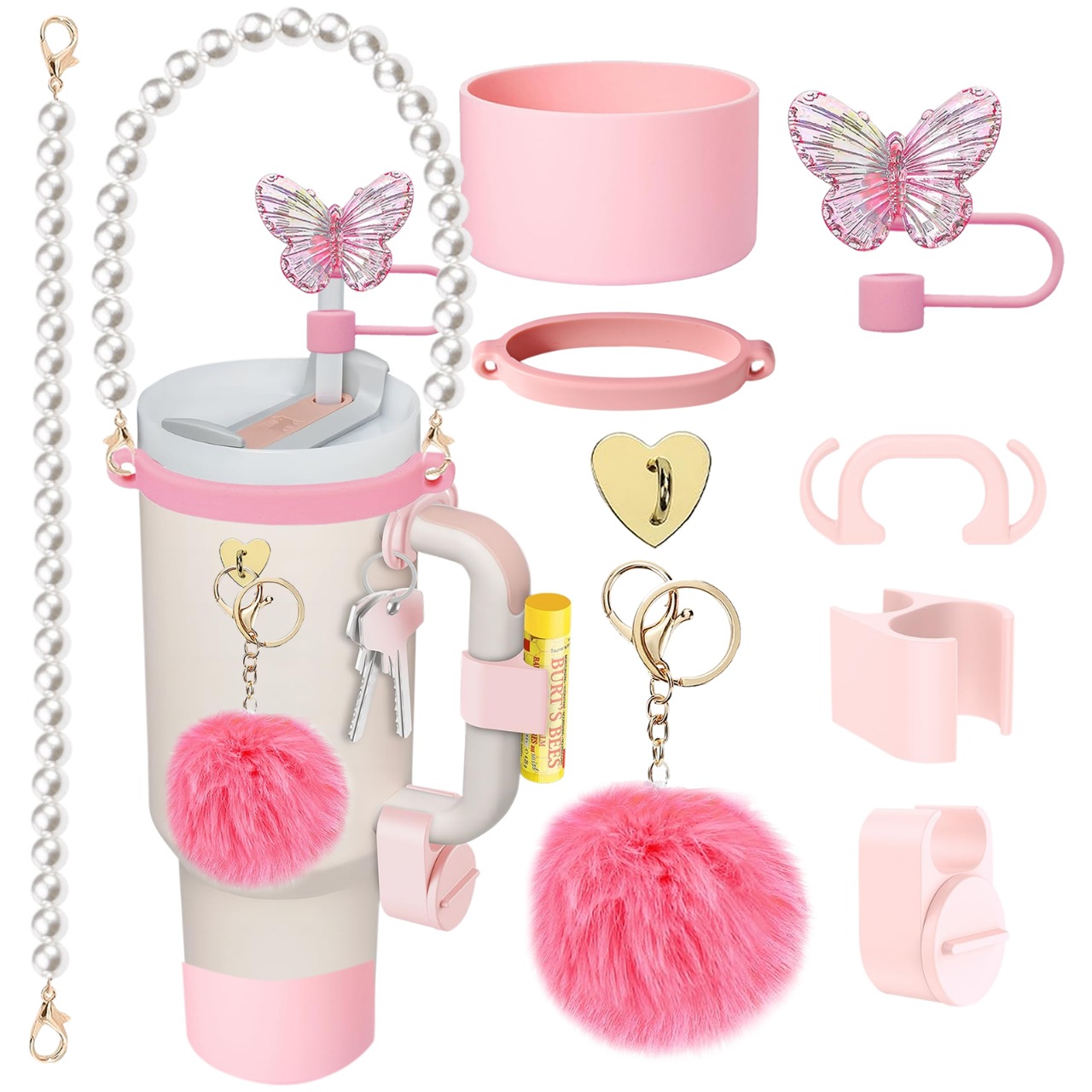 Accesorios de taza Stanley colgante de cuerda de mano flor de silicona gorra de paja de peluche colgante de taza cadena de taza de color cubierta de taza