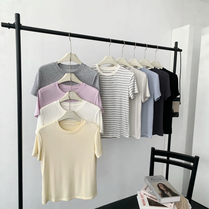 In-Stock Modal Silk Short-Sleeve T-Shirt with Tencel and Merino Wool, Summer Thin Style, Ultra-Lightweight Short-Sleeve Top, Large Quantity Available In-Stock Modal Silk Short-Sleeve T-Shirt with Tencel and Merino Wool, Summer Thin Style, Ultra-Lightweight Short-Sleeve Top, Large Quantity Available
