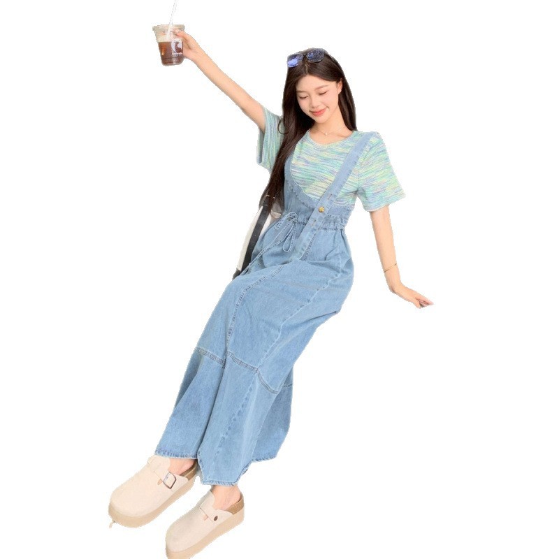 2025 プラスサイズファッション偽ツーピースデニムサスペンダースカート女性の夏のカジュアルルーズ痩身スプライシング半袖ドレス|undefined