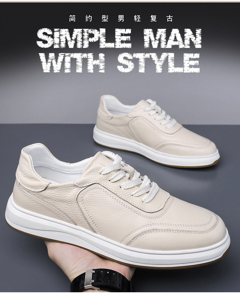 Giày sneaker nam da bò thật thoáng khí, giày trắng thời trang dây buộc phía trước — Màu trắng nhạt, màu trắng tinh khiết, màu xám, đen chi tiết 4