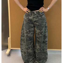 美式街头迷彩军事伐木工装裤直筒垂感拖地休闲裤宽松街舞裤男