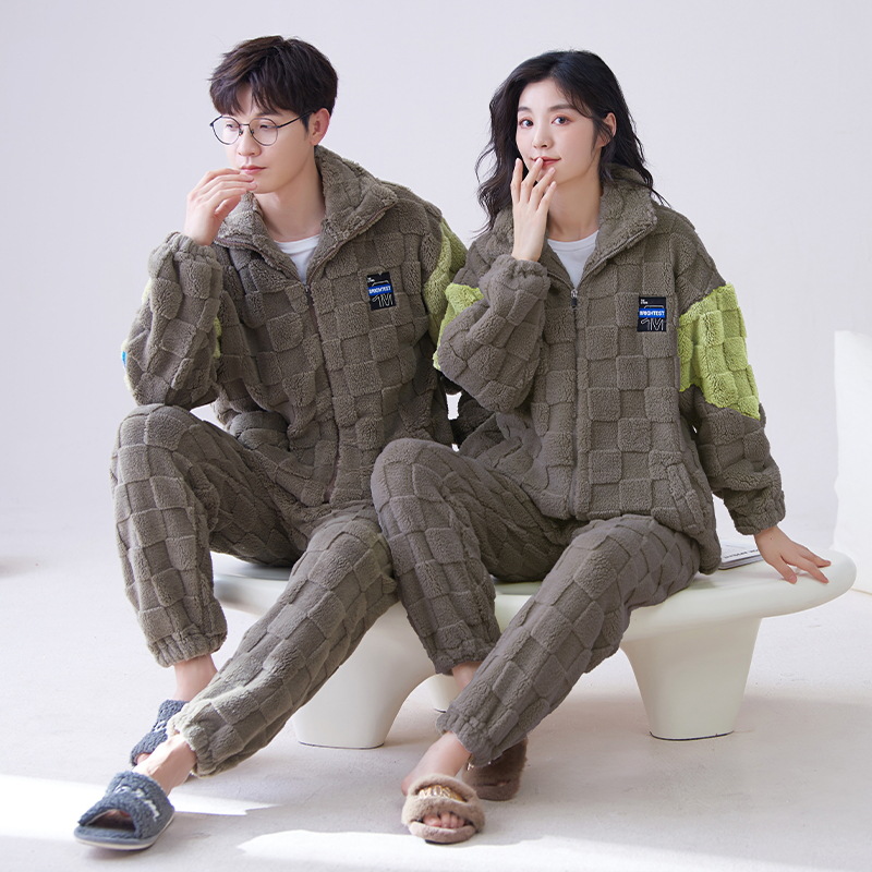 Pijamas de pareja de invierno de las mujeres de coral de lana collar de pie estilo deportivo ligero se puede usar fuera de forro polar engrosada homewear traje de manga larga