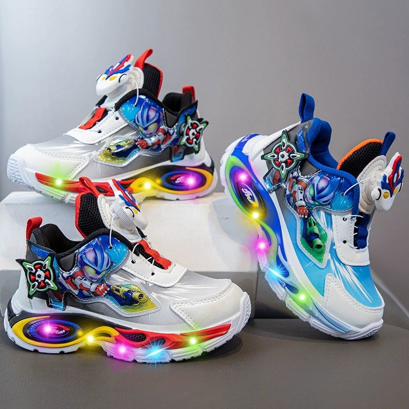 Осенне-зимняя новая детская обувь, обувь с подсветкой, мужская обувь с рисунком из мультфильма, спортивная обувь с вращающейся кнопкой, обувь для папы, кожаная поверхность