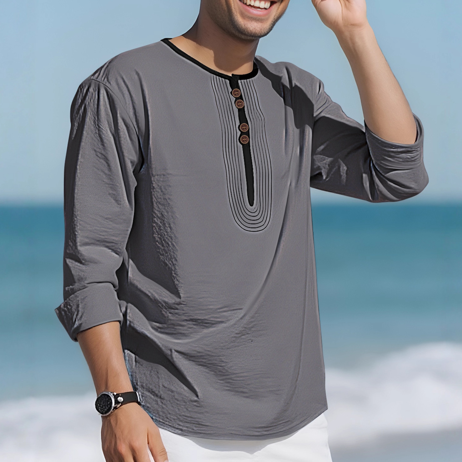 Amazon nueva camisa de playa casual de hombre europea y americana TEMU algodón lino deserto camisa polo de manga larga
