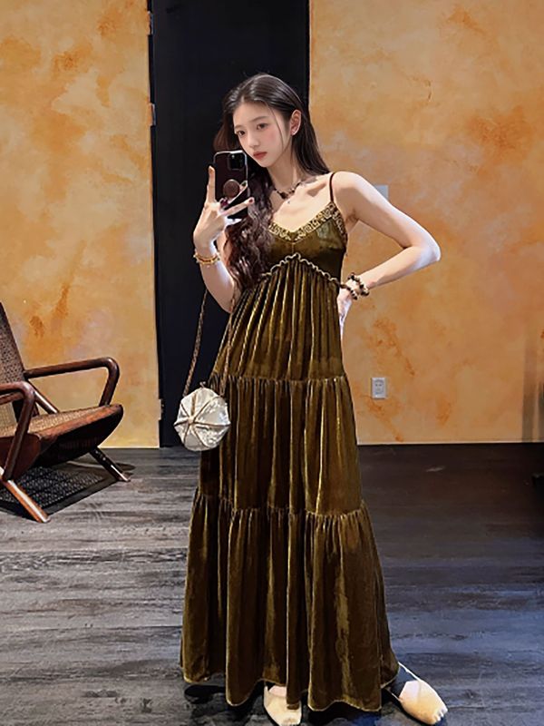 新中式国潮新款吊带裙女秋季时尚绣花层次丝绒宽松连衣裙 N9027|undefined
