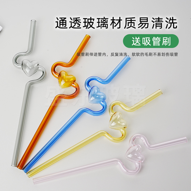 Nueva alta borosilicato corazón largo curvado paja chica corazón transparente paja hogar leche jugo paja tubo