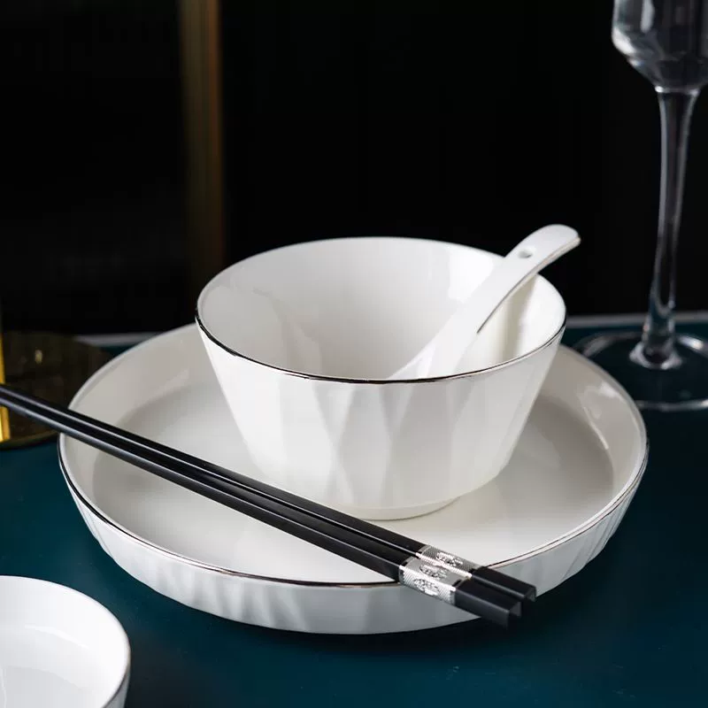 Platinum ceramic tableware set, light‑luxury design, platinum rim, multiple piece options