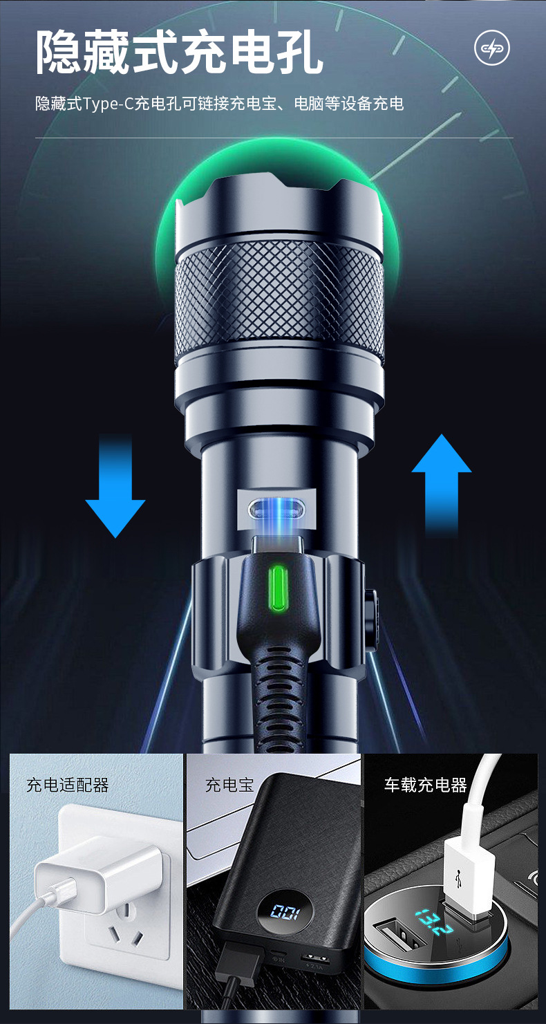 Portable Flashlight Night Riding Fishing Lightweight Small Flashlight Zoom Digital Display White Laser Highlight Flashlight