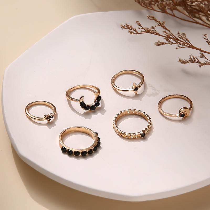 Cross-border New Ring Set Fashion Black Gemstone Star Moon 6-piece Set Joint Ring Finger Ring display picture 6