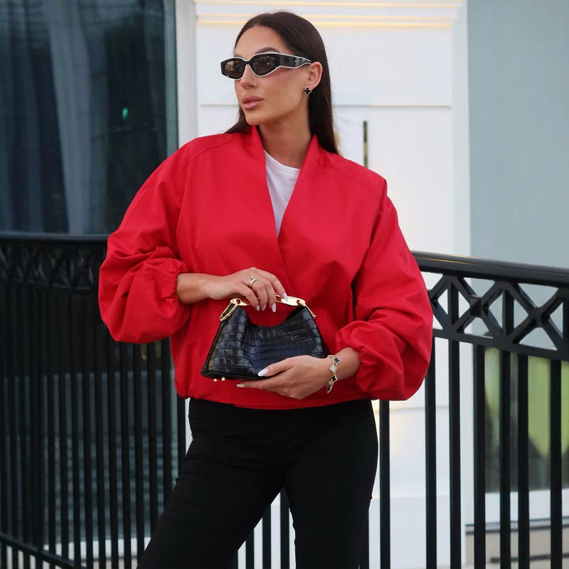 In stock - Casual style V-neck lantern sleeve short cardigan jacket 2026 cross-border European and American style autumn new women's clothing In stock - Casual style V-neck lantern sleeve short cardigan jacket 2026 cross-border European and American style autumn new women's clothing
