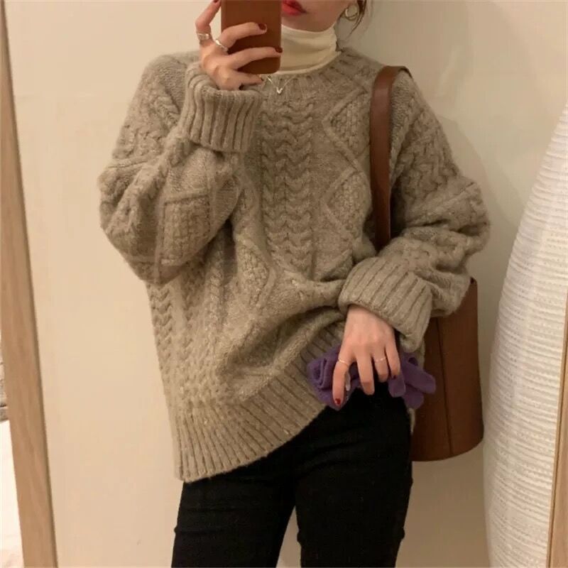 2025 New Autumn and Winter Thick Cable Knit Sweater for Women, Pullover, Loose, Lazy Style, Thickened, Outerwear, Winter Top
