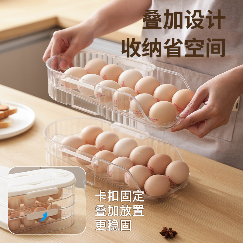 New plastic rolling egg storage box for the kitchen, multi-layered, angled, automatic refilling egg tray for refrigerator side door, fresh-keeping box