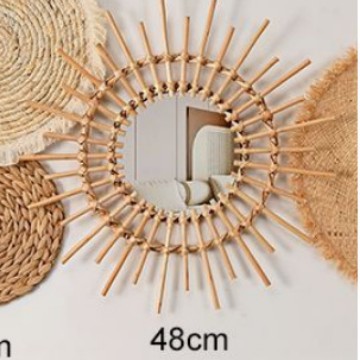 Decoración Colgante de Pared Redonda de Ratán y Madera para Sala de Estar
