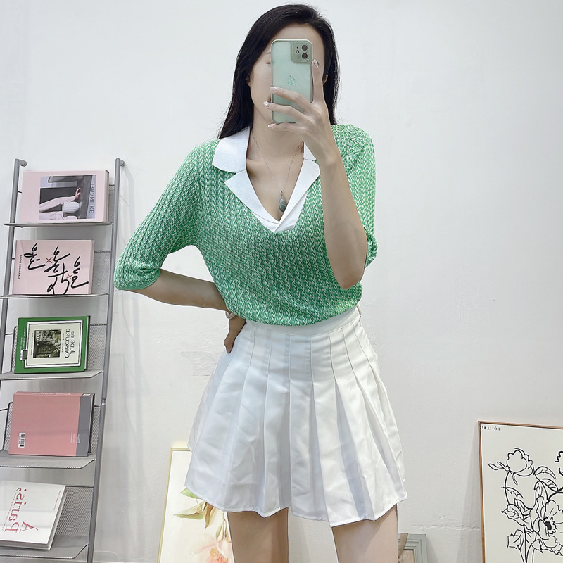 Women's Striped Pullover Fashion Design Knitwear Polo Collar Short-Sleeve Cotton T-Shirt Thin Top French Style