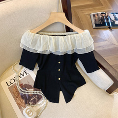 フレンチコントラストカラーフリルワンショルダー半袖Tシャツレディース夏デザインニッチユニークで美しいトップ