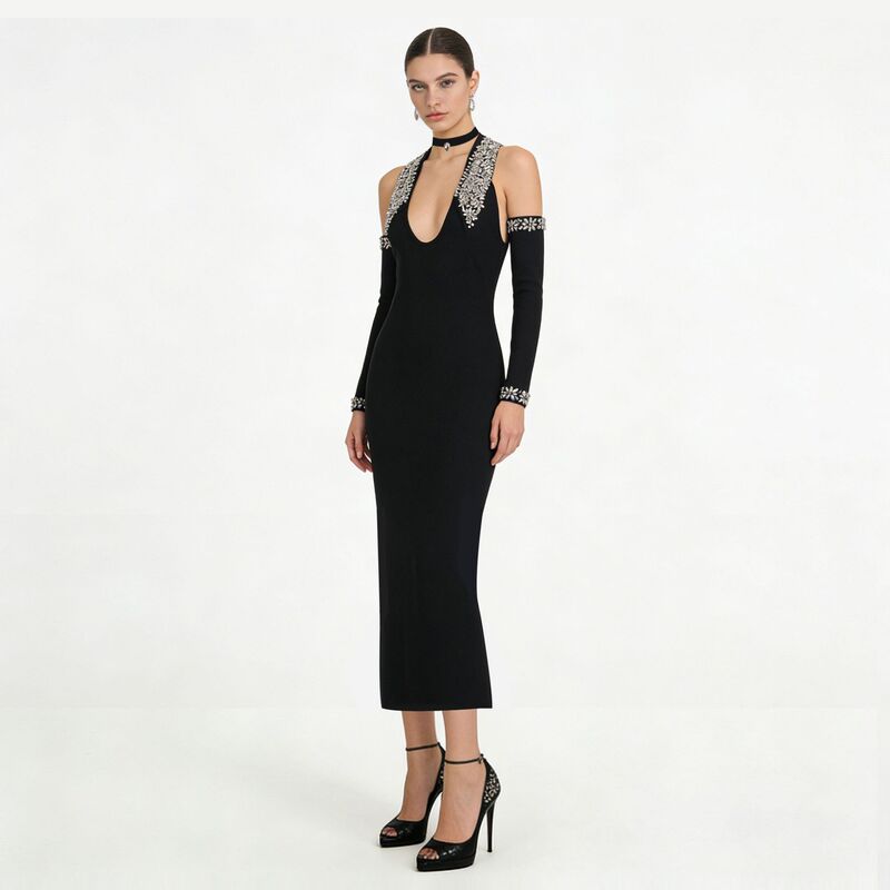 Amazon Independent Site Hot-Selling New Fashion Halter Neck Sexy Rhinestone-Embellished Long Dress Black Bandage Dress