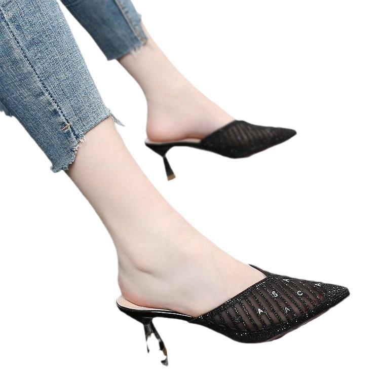 Elegant Women's Rhinestone Pointed Toe Mesh Sandals Stiletto Heels_voghion.com