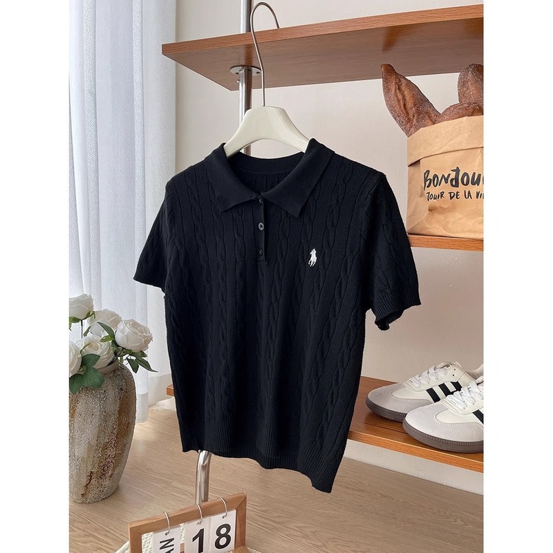 韓国ポニー刺繍ポロ襟ツイストニット半袖Tシャツレディース夏スリムで万能なショートトップA3958|undefined