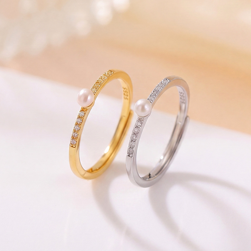 Nhẫn bạc S925 mạ vàng đính ngọc trai nước ngọt tự nhiên kiểu hở mũi đơn giản thời trang — Bạc