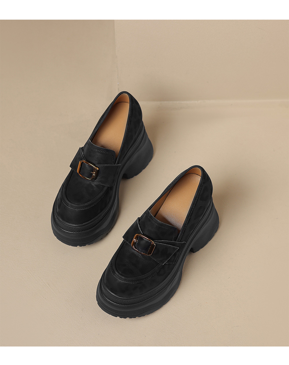 Giày loafer nữ đế xuồng họa tiết báo khóa kim loại tăng chiều cao — đen, nâu đen chi tiết 17