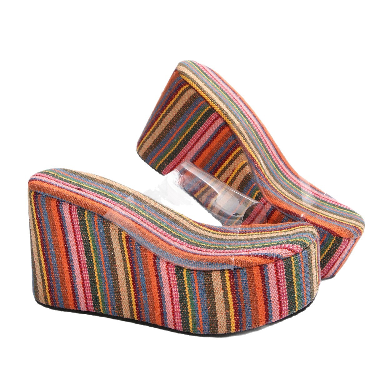 Women's Plus Size Striped Colorful Platform Sandals European American Style Transparent Wedge Summer New Style Size 43_vogvips.com