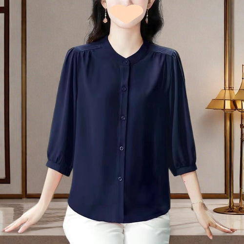 Summer Stand Collar Stylish Slimming Top Solid Color Korean Version Plus Size Mother's Dress Women's Shirt Stomach Cover