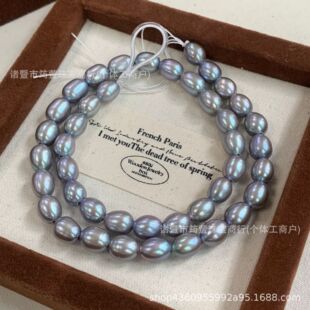 6-8mm Natural Freshwater Pearl Necklace Rice-Shaped Real Hemp Gray Factory Wholesale Rice-Shaped Mother Light Luxury Style