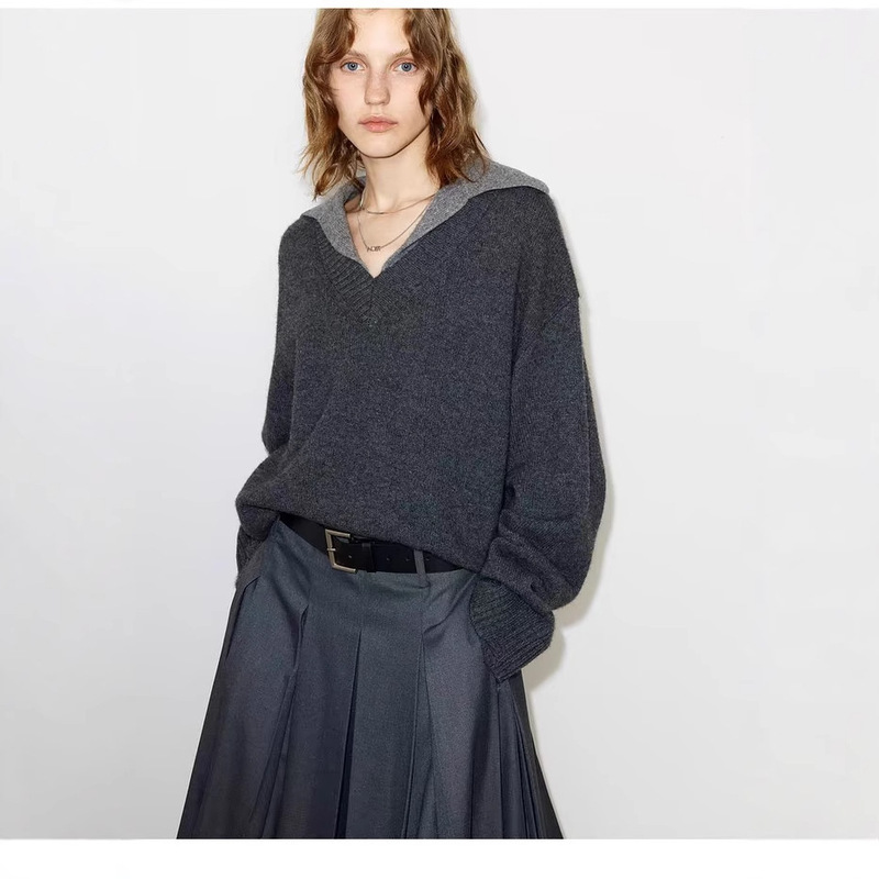 Fake Two-piece Sweater Women's 2024 Winter New Full Wool Sheep Wool Navy Collar V-neck Loose Knit Top