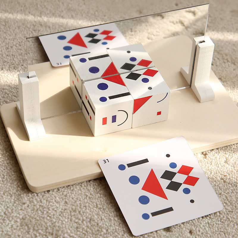Bloques de construcción de espejo de madera que cambian la cara, juguetes de gráficos geométricos, juguetes de entrenamiento de pensamiento para niños, bloques de construcción interactivos entre padres e hijos