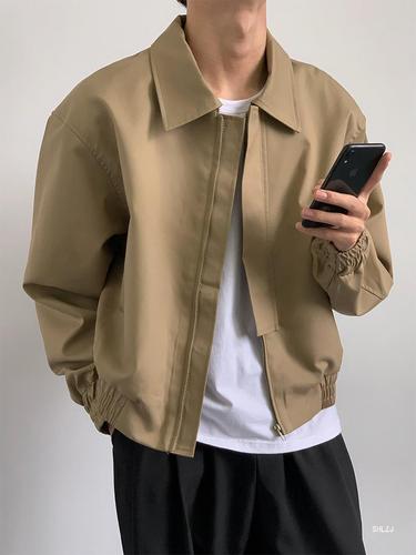 Khaki Retro Hong Kong-Style Spring/Fall Coat | Hiphop Short Padded Shoulder Bomber Jacket | Men's Workwear Windbreaker