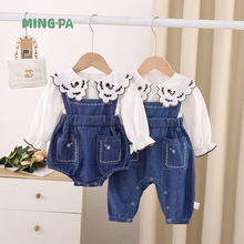 新起点服饰婴儿春装衣服女宝宝连体衣套装新生儿牛仔背带裤两件套