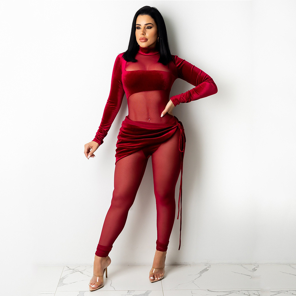 Women's fashion sexy mesh velvet splicing solid color jumpsuit_voghion.com