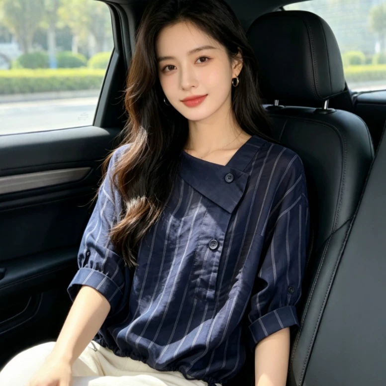 [Large Stock Available] 2026 New Cross-Border Fashion Striped Niche Korean Style Casual Chic Design Tops for Women