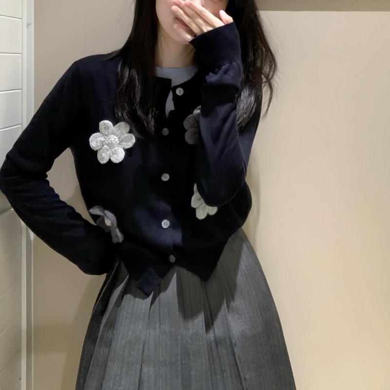 藏青色立体花朵毛衣女2025秋冬新款宽松慵懒针织开衫外套长袖上衣|undefined