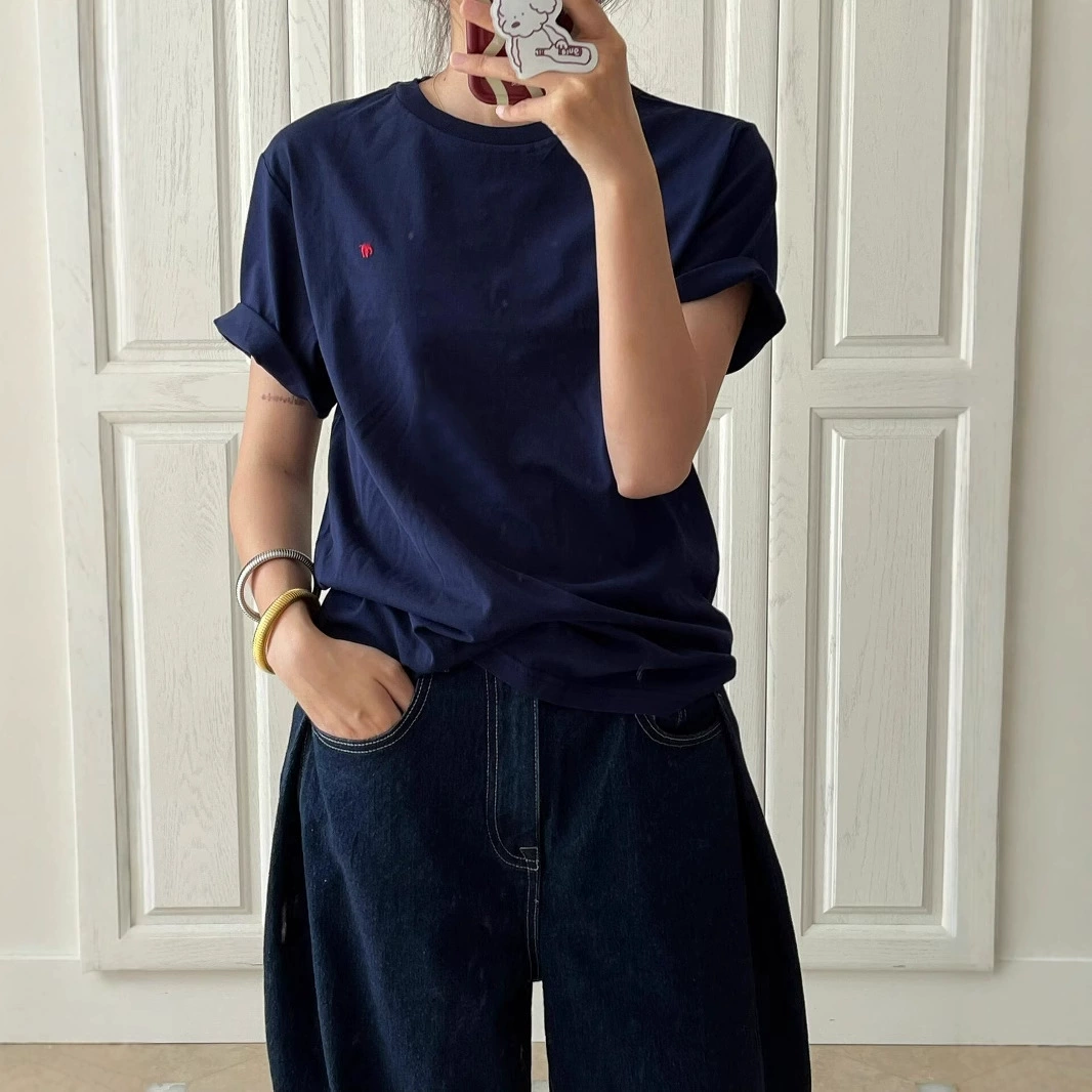 RL Rlaf Po стандартная летняя пара топ женский сплошной цвет хлопчатобумажная американская футболка с короткими рукавами мужская вышивка с круглым вырезом