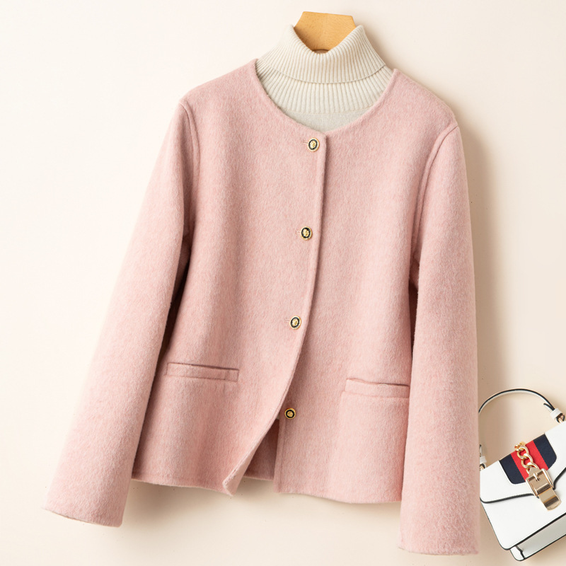 New Autumn and Winter Pure Wool Double-Sided Woolen Jacket for Women, Versatile Short Style for Petite Figures, Korean Style Loose Round Neck Woolen Coat