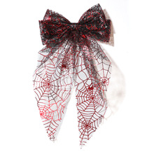 时尚欧美烫金网纱蝴蝶结鸭嘴夹万圣节系列蜘蛛网图案飘带发夹头饰